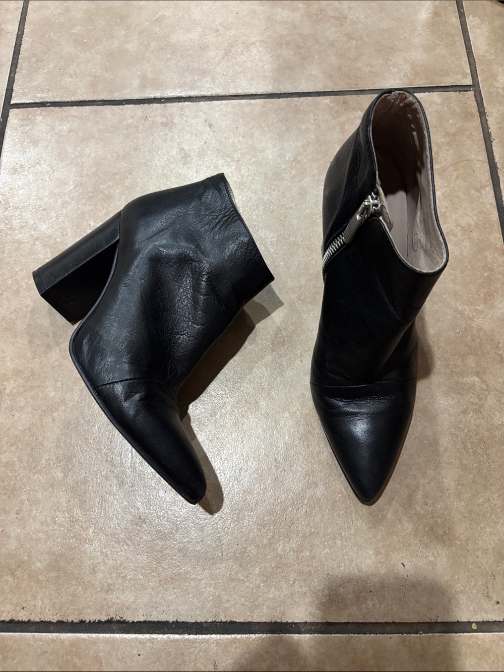Zara Pointed Toe Black Leather Heeled Booties